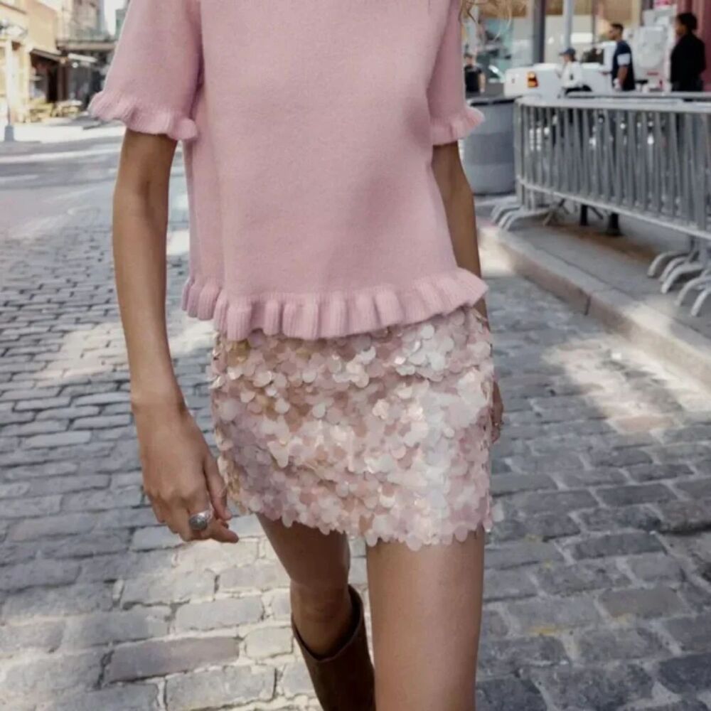 NWT Zara Sequin Mini Skirt in Dusty Pink - Picture 4 of 8